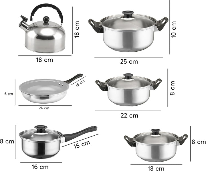 Retoo Kochtopfset 12-teilig aus Edelstahl, Töpfe mit Glasdeckel, Kochtöpfe mit ergonomischen Griffen
