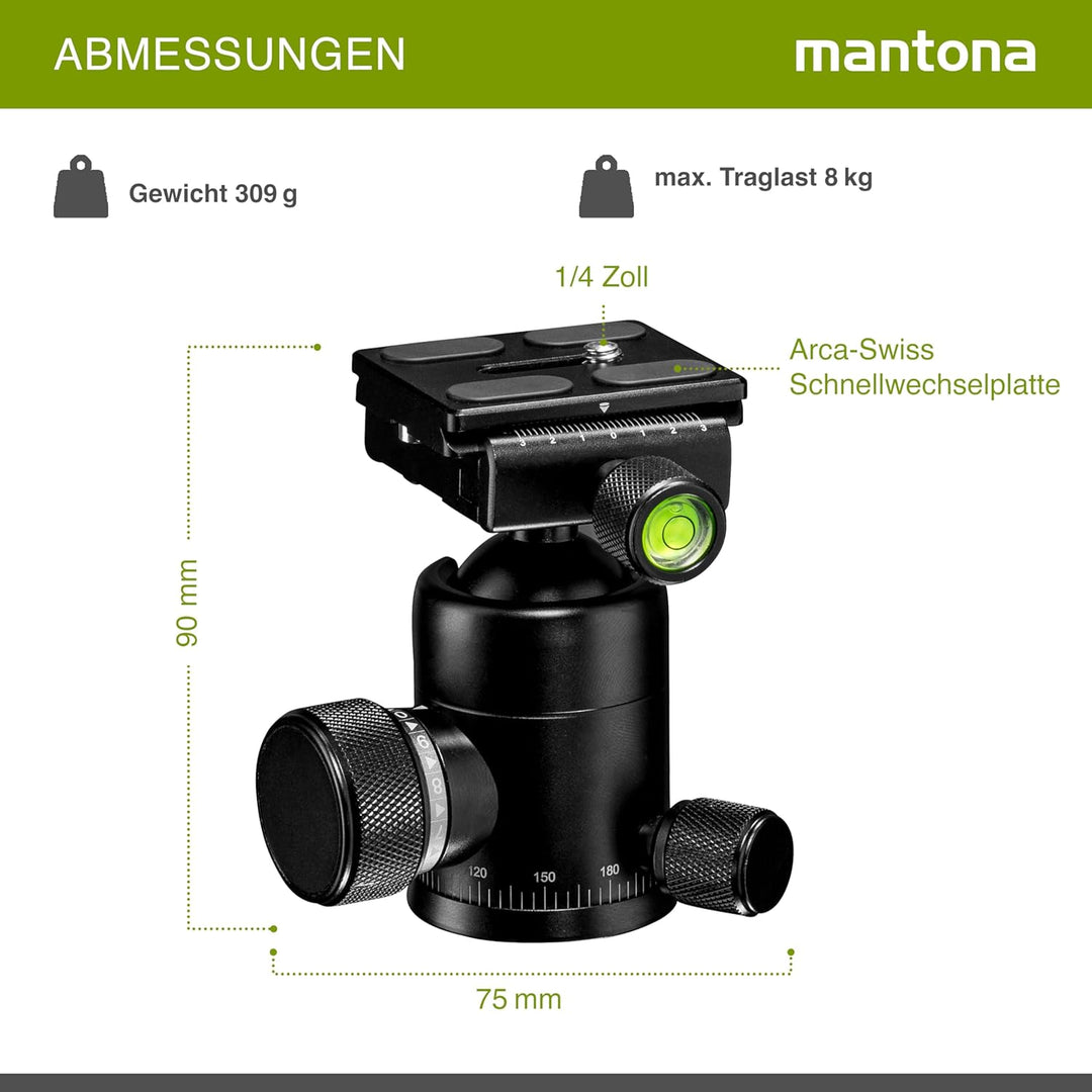 Mantona Onyx 8 Kugelkopf (M1-3008A) Arca-Swiss kompatible Schnellwechselplatte 50 mm, professionelle