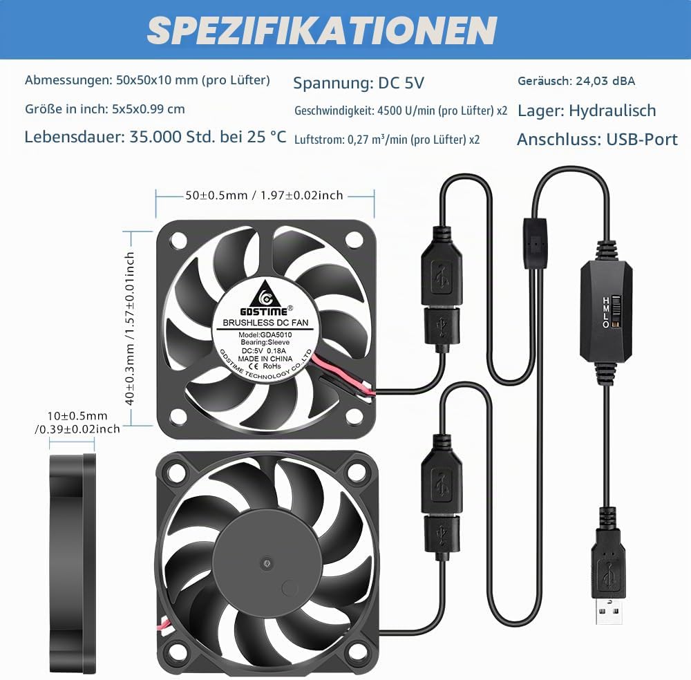 GDSTIME 2 Stück USB Lüfter 50mm 5V PC Lüfter 50mm USB 5010 50 x 50 x 10mm PC Ventilator mit 3 Einste