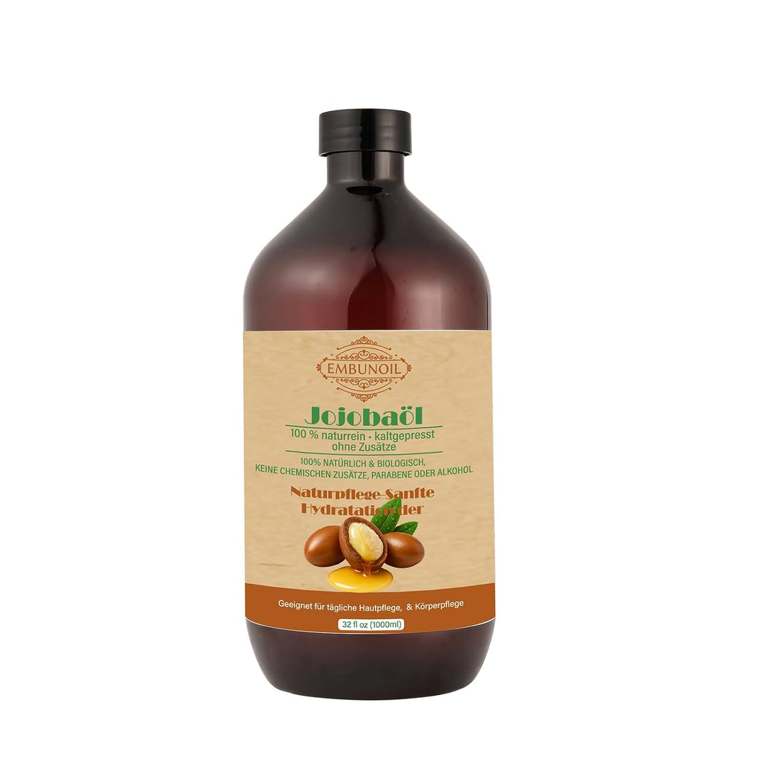 Jojobaöl, 1000 ml, 100% Naturrein &amp; Kaltgepresst, ohne Zusätze, für Haut-, Haar- &amp; Nagelpflege, mit