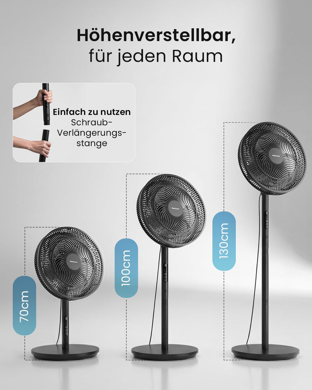 Pro Breeze AirFlo Slim Standventilator – 3-in-1 mit 70, 100 & 130 cm, 9 Stufen bis 5,0 m/s, leise mi