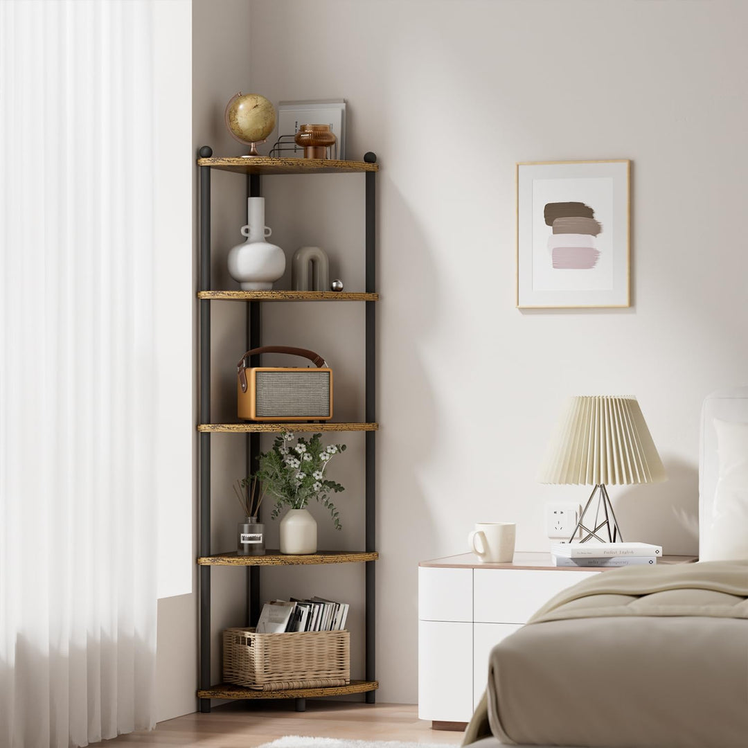 Ruichang Eckregal stehend mit 5 Ebenen, bücherregal Holz, Standregal, Aufbewahrungsregal, Lagerregal