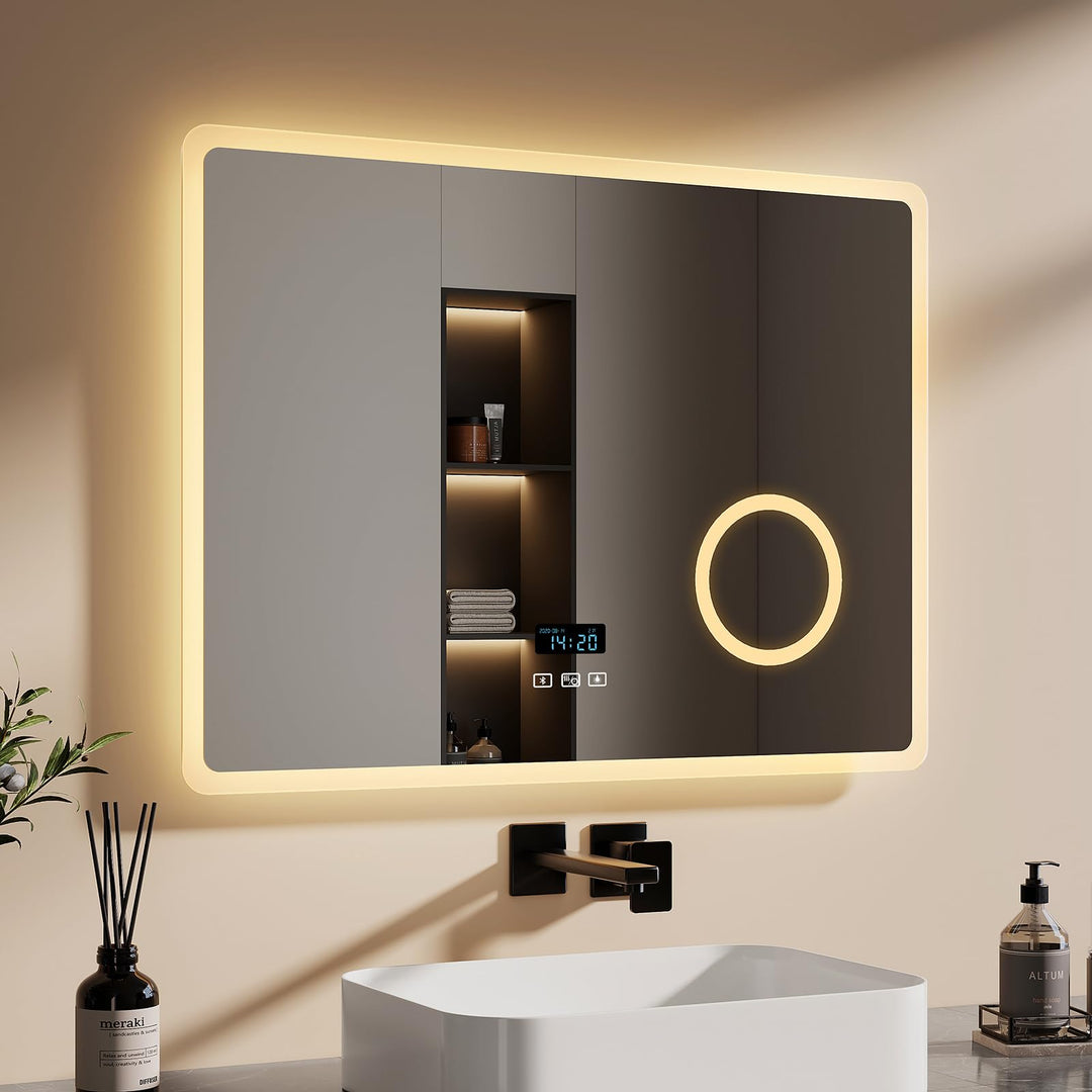EMKE Badspiegel mit Beleuchtung 80x60cm, Touch, 3 dimmbare Lichtfarben, beschlagfrei, Bluetooth, 3-F