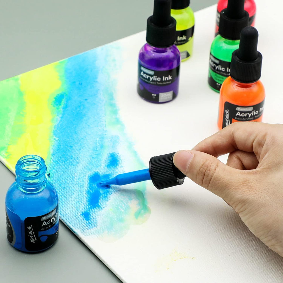 Mont Marte Acryltusche Superior, 6pc x 20ml, Fluoro-Acryl-Tinten Farben, Für feine Details und Farbw