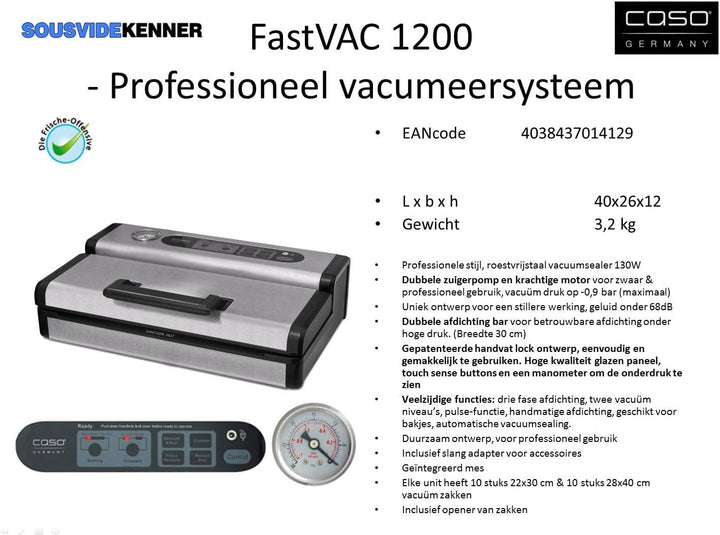 CASO FastVac 1200 Professionelles Vakuumsystem - Doppelte Kolbenpumpe (ca. 20 Liter/Min.), Starker M