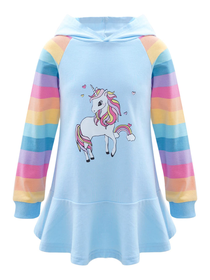 TiaoBug Mädchen Kapuzenpullover Langarm Sweatkleid mit Kapuze Einhörner Aufdruck Hoodie Cartoon Top