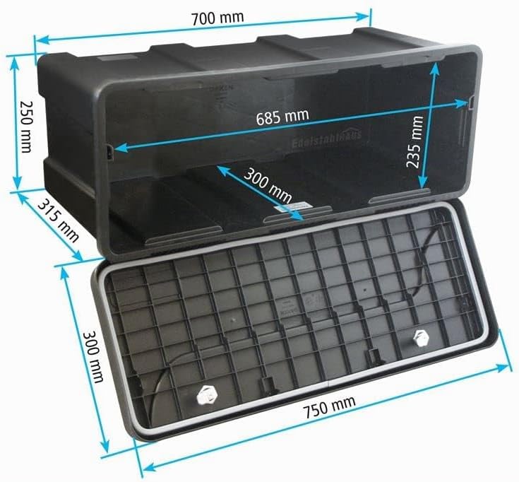 Blackit L - 750 x 300 x 355 mm + Montagesatz VH401 Edelstahlhaus, Deichselbox mit 2 Schlösser, Werkz