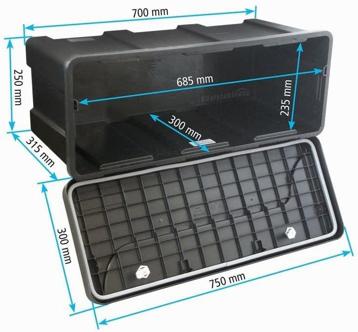 Blackit L - 750 x 300 x 355 mm + Montagesatz VH401 Edelstahlhaus, Deichselbox mit 2 Schlösser, Werkz