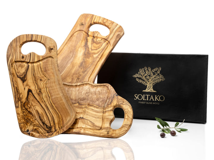 SOLTAKO Schneidebrett Olivenholz mit Griff [3er Set - 35/40 / 45cm] "Carthage" natur, Brett aus Oliv