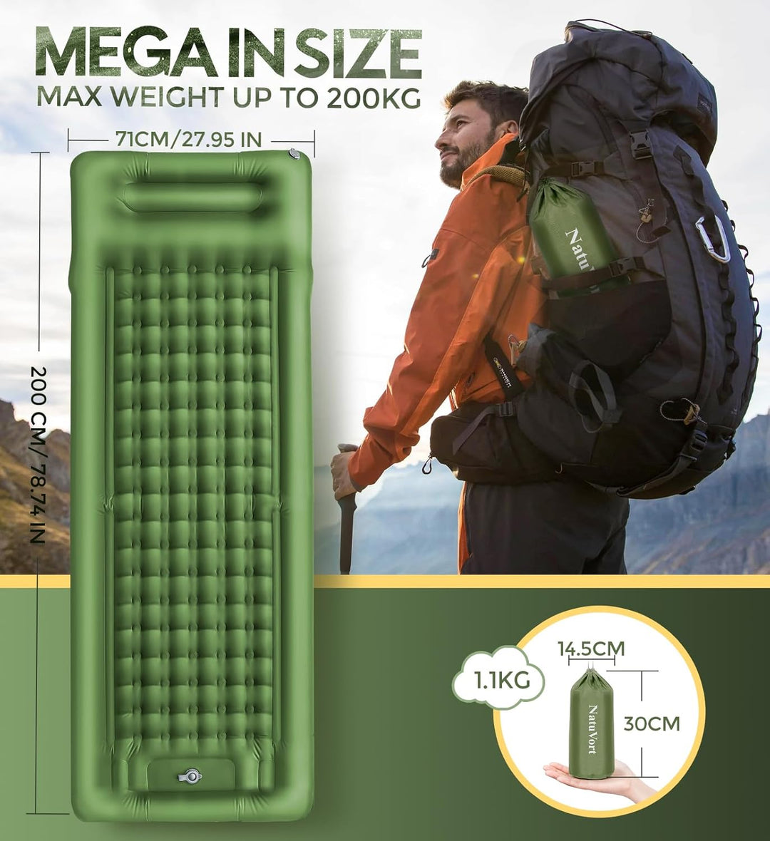 Luftmatratze Camping Matratze 12CM mit Fusspumpe Isomatte Camping mit Integrierten Kopfkissen für Ca