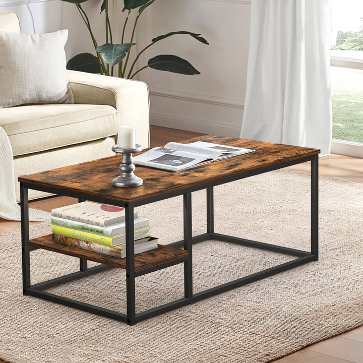 VOWNER Couchtisch, Wohnzimmertisch, Couchtisch mit Stahlgestell und Ablagen, Industrie-Design, Skand