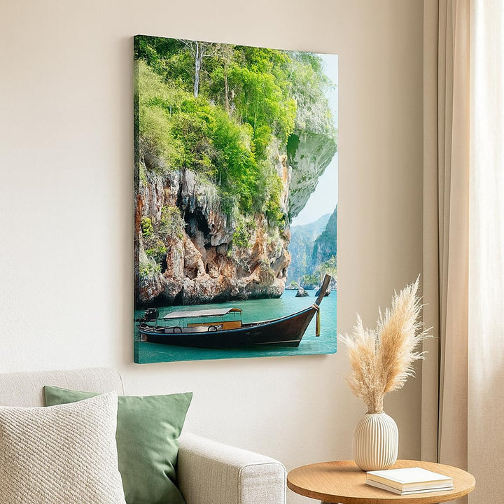 Bilder auf Leinwand 55x100cm Leinwandbild mit Rahmen Boot Klippen Natur Felsen Gross Wanddeko Bild S