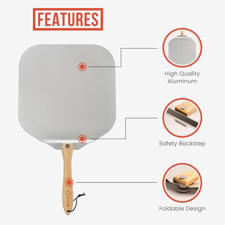 Chef Pomodoro Pizzaschieber mit einklappbarem Holzgriff - Hochwertige Pizzaschaufel aus Aluminium -