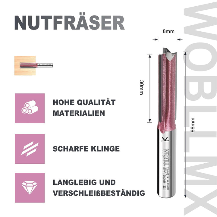 3 Klingen Nutfräser 8mm Schaft,Ø8mm Arbeitslänge 30mm Professional Hartmetall Bestückt Nutfräser Sta