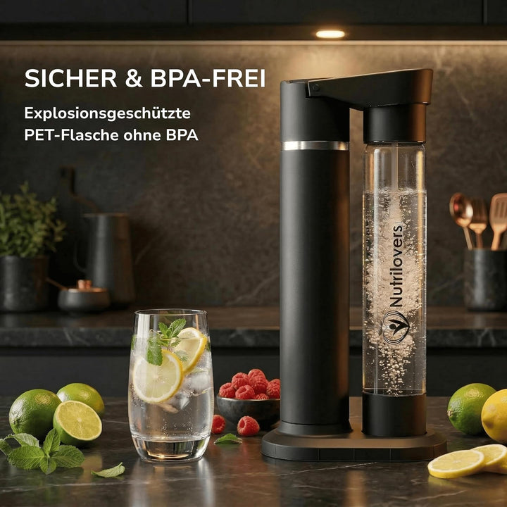 Nutrilovers Wassersprudler 2.0 Edelstahl, Designer Flasche (38 CM hoch), PET-Flasche, BPA-frei, pate