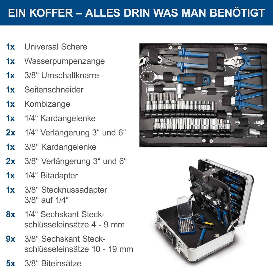 Scheppach TB150 Aluminium Werkzeugkoffer gefüllt 101-tlg Werkzeug Set | Werkstattkoffer mit Schraube
