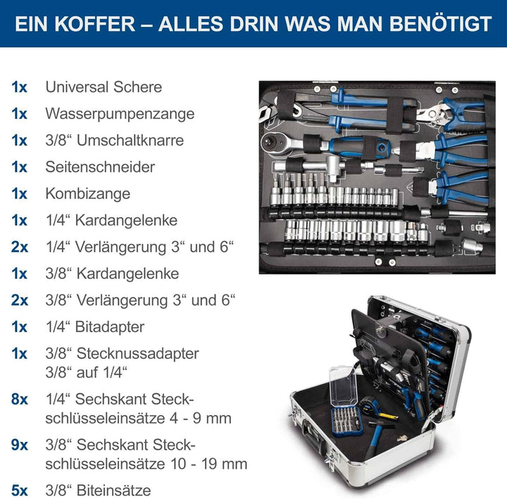 Scheppach TB150 Aluminium Werkzeugkoffer gefüllt 101-tlg Werkzeug Set | Werkstattkoffer mit Schraube