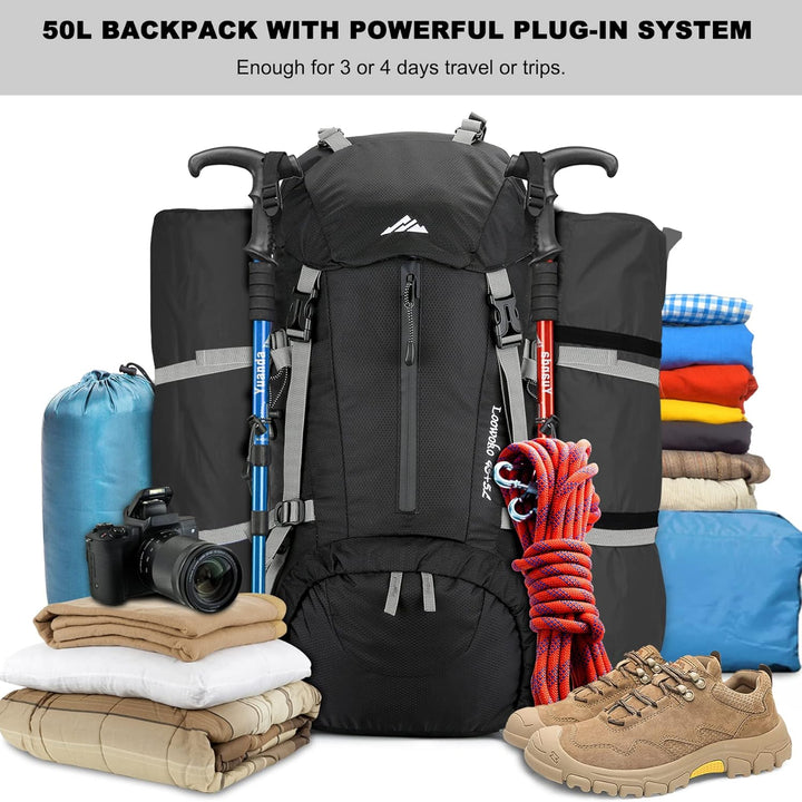 Loowoko 50 l Wanderrucksack, wasserdichte Camping-Essentials-Tasche mit Regenschutz, 45 + 5 Liter le