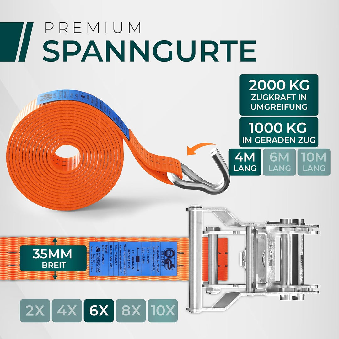 Schwerlast Spanngurte mit Ratsche 2000kg 4M 35MM – TÜV/GS (DIN EN 12195-2) – Zurrgurte mit Haken in