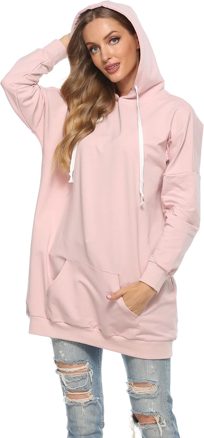 Famulily Damen Oversized Hoodie Kleid Baumwolle Lang Sweatshirt mit Kapuze Einfarbige Kapuzenpullove
