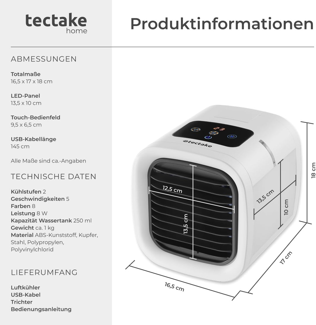 tectake® Luftkühler mit LED, mobile Klimaanlage ohne Abluftschlauch, Ventilator mit Wasserkühlung, K
