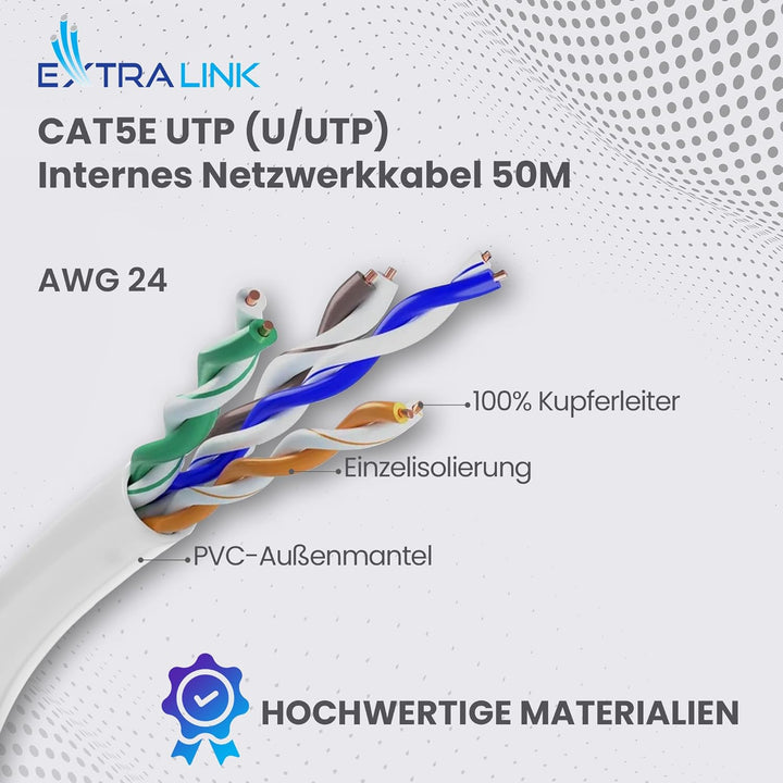 EXTRALINK 50m CAT5e Netzwerkkabel LAN Verlegekabel Innenbereich – 100% Kupfe U/UTPr, PVC Mantel, bis