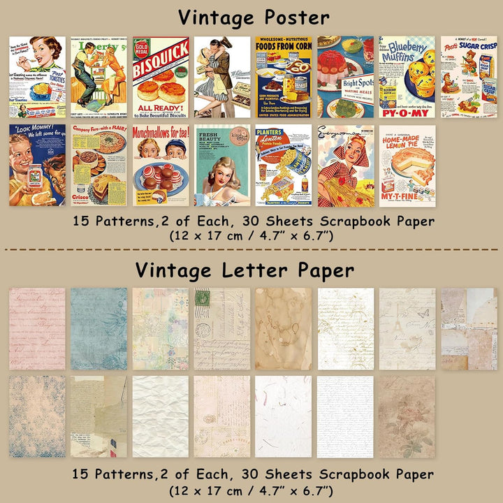 240 Blätter Vintage Scrapbooking Papier Deko 17x12cm Retro Scrapbooking Zubehör Tagebuch Papier Bast