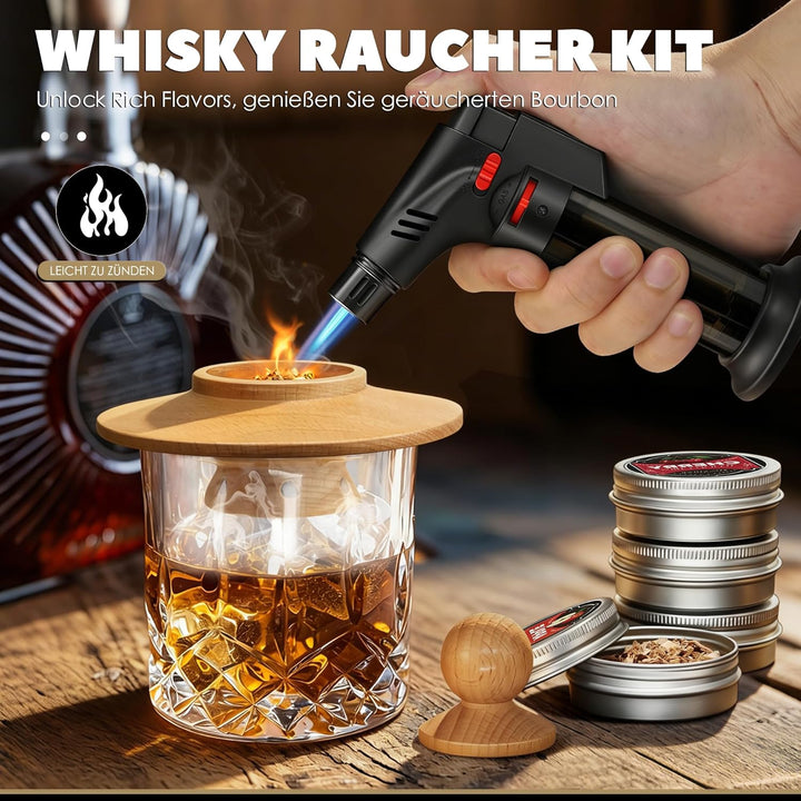 Whisky Räucher Set komplett mit Brenner und Holz-4 Geschmacksrichtungen, Cocktail Räucher Set mit Fl