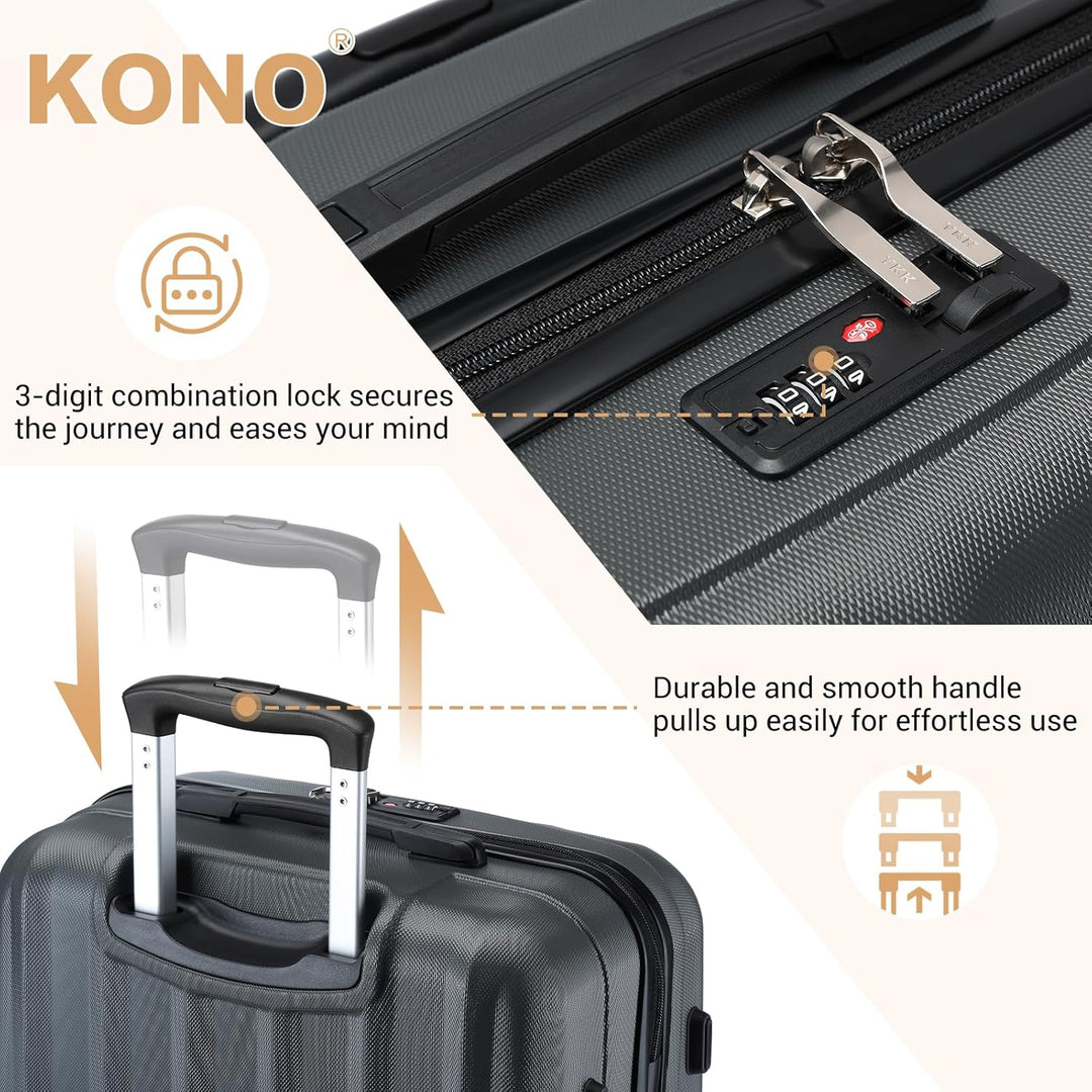 KONO Hartschale Gepäck Leichten ABS Reisekoffer Rollenkoffer 4 Rollen Grau L, Grau L