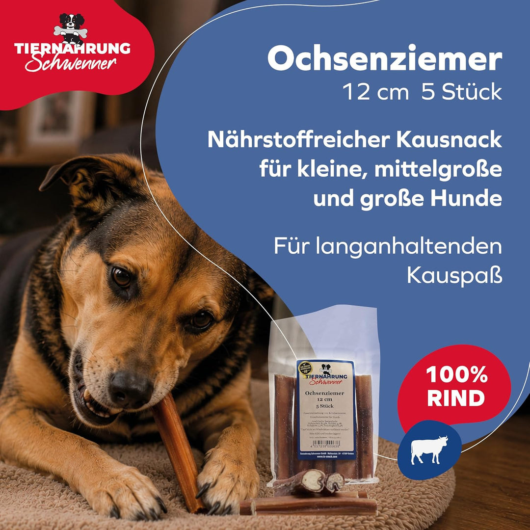 Ochsenziemer für Hunde – 12cm grosse Kauartikel - 5 Stck. für langanhaltenden Kauspass 150 g (1er Pa