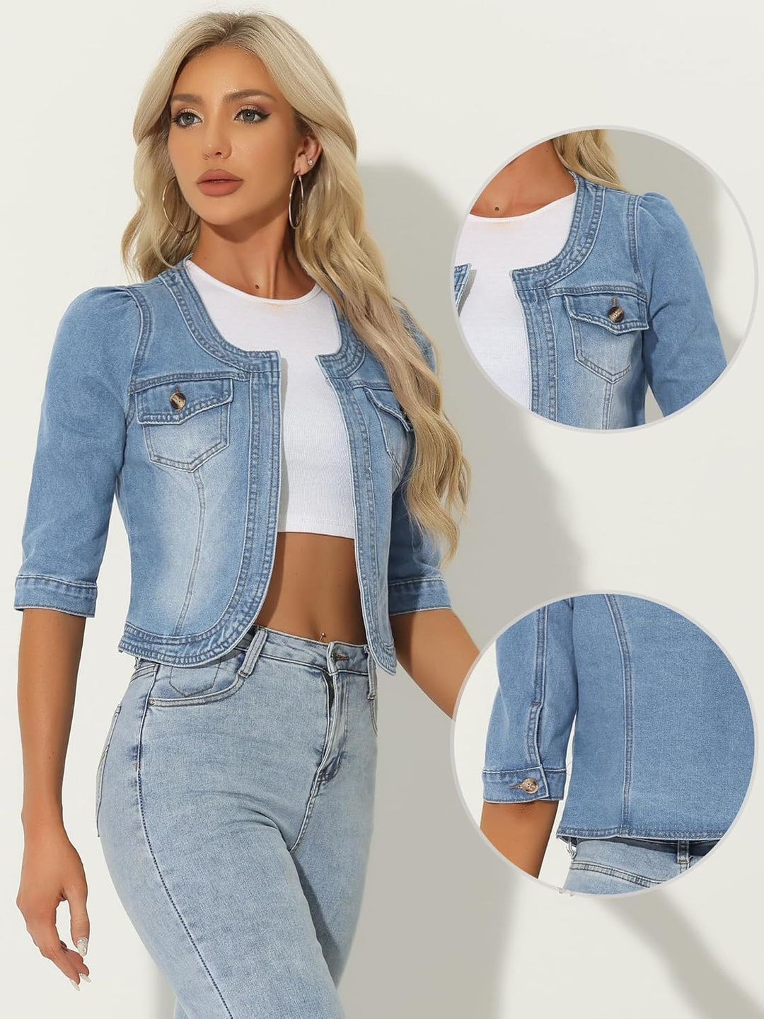 Allegra K Damen Jeansjacke 3/4 Ärmel Open Front Kragenlos Jacke mit Taschen L Hellblau, L Hellblau