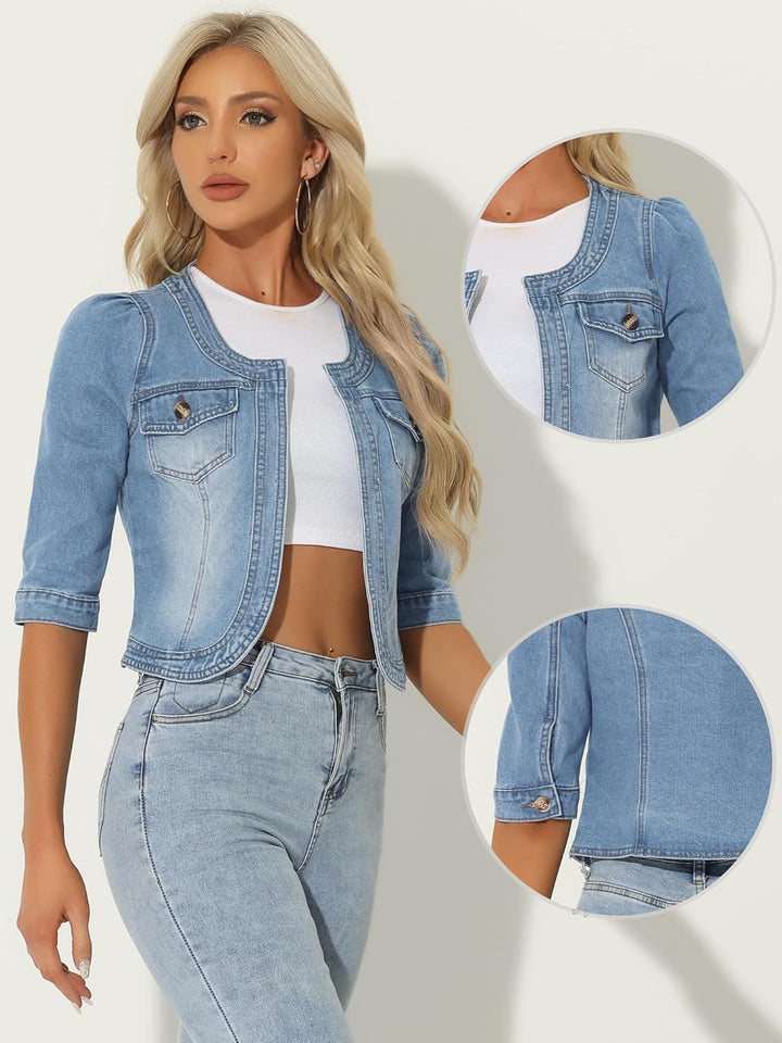 Allegra K Damen Jeansjacke 3/4 Ärmel Open Front Kragenlos Jacke mit Taschen L Hellblau, L Hellblau
