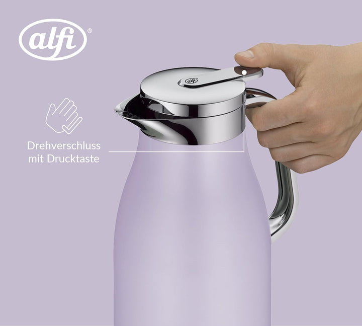 alfi SKYLINE 1,0l, pastel lavendel, Edelstahl-Isolierkanne mit hygienischem Hartglaseinsatz, Drehver