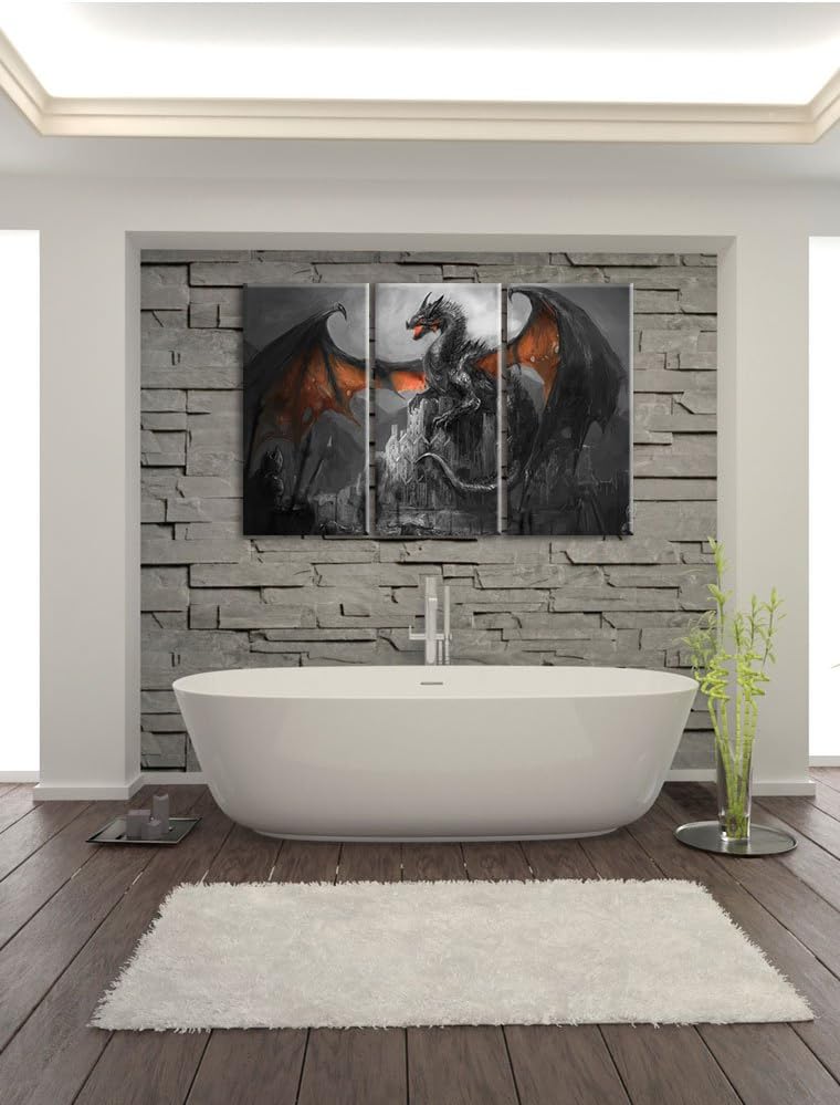 Pixxprint Drache schützend über Burg als Leinwandbild/Grösse: 3 Teilig (120x80 cm) cm/Wandbild/Kunst