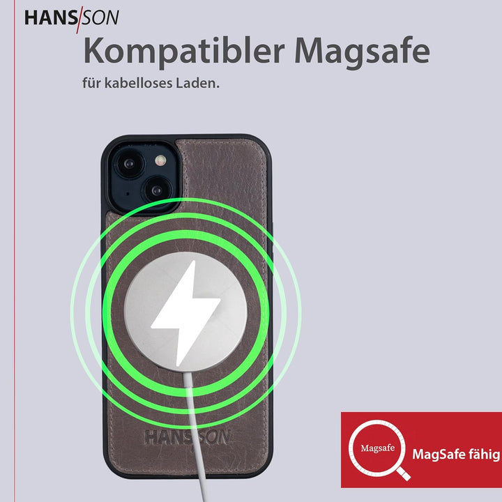 HANS/SON Echtlederhülle in Grau | iPhone 13 Pro Ledercase | Schutz vor Stürzen und Stössen | Magsafe