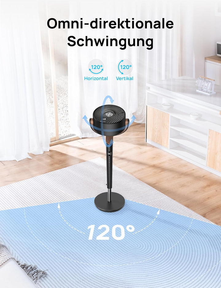 DREO 20dB leiser Standventilator, 120°+120° Omni-direktionale oszillierende Ventilator, 26M Windentf
