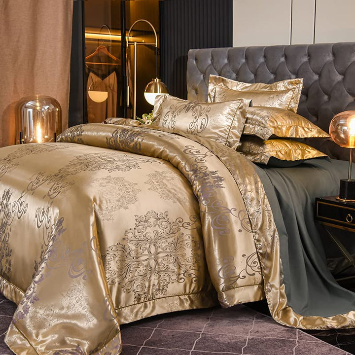 DXHOME Bettwäsche 220x240 Satin Gold Angenehme Jacquard Glatt Glänzend Bettdeckenbezug Kühlende Glit