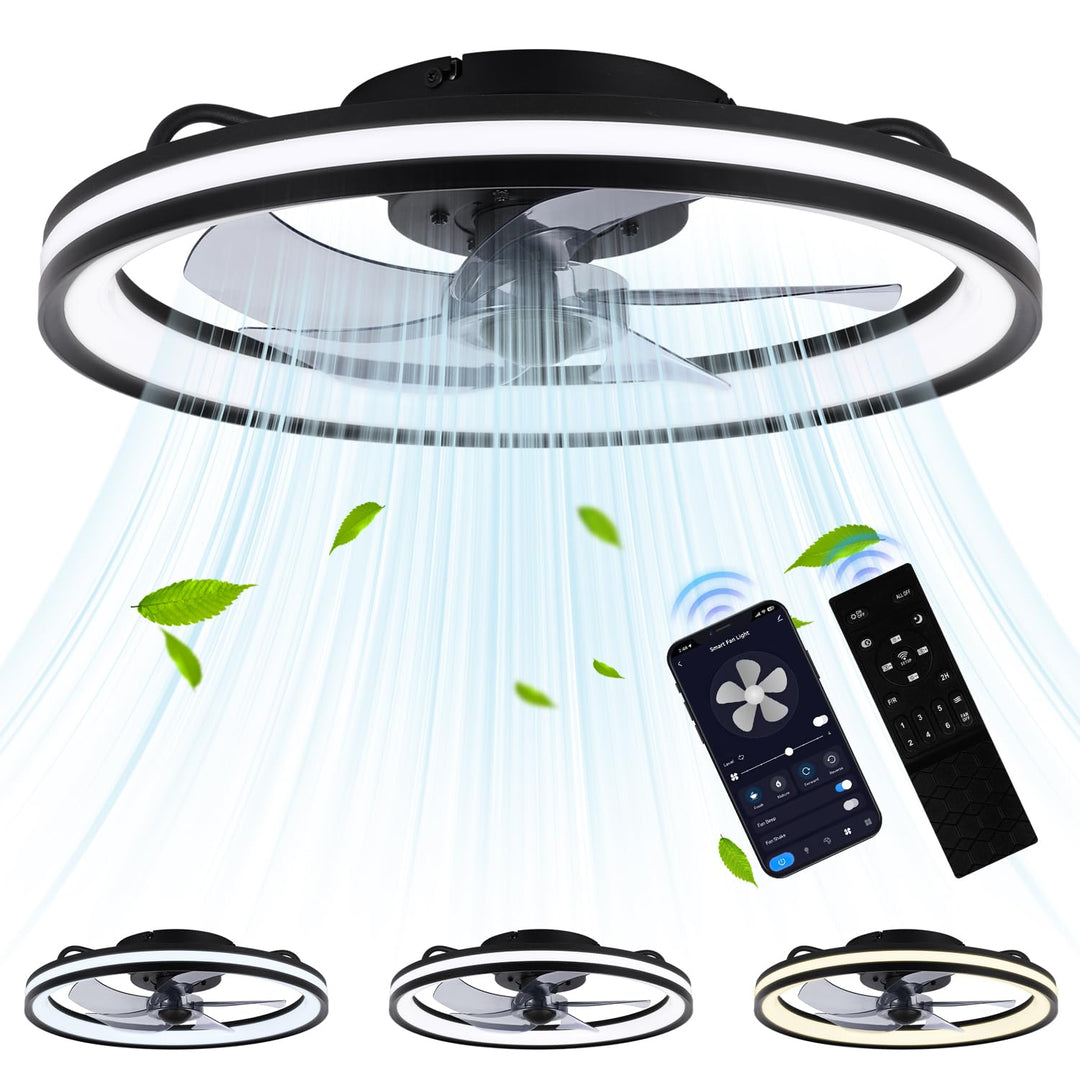 Fiqops Deckenventilator mit Beleuchtung und Fernbedienung Ø50 cm, LED Deckenleuchte 3 Farbtemperatur