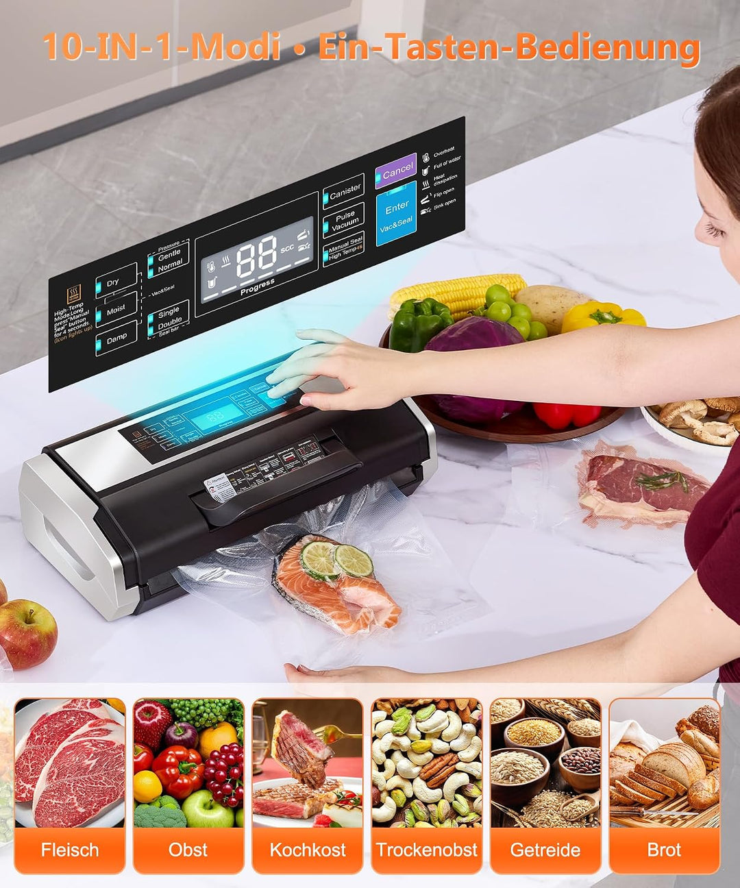 95kPa Vakuumiergerät mit doppelter Schweissnaht 10-IN-1 Profi-Vakuumierer | Inkl. 1 Rollbeutel, 15 F