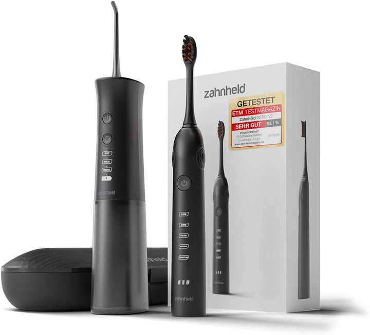 Zahnheld® Super-Set, elektrische Schallzahnbürste GERO + Munddusche AQUADENT | inkl. Bürstenkopf & R