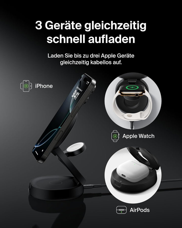 Belkin BoostCharge 3-in-1 Induktive Ladestation mit Qi2, 15W, MagSafe-kompatibles Ladegerät, Kabello