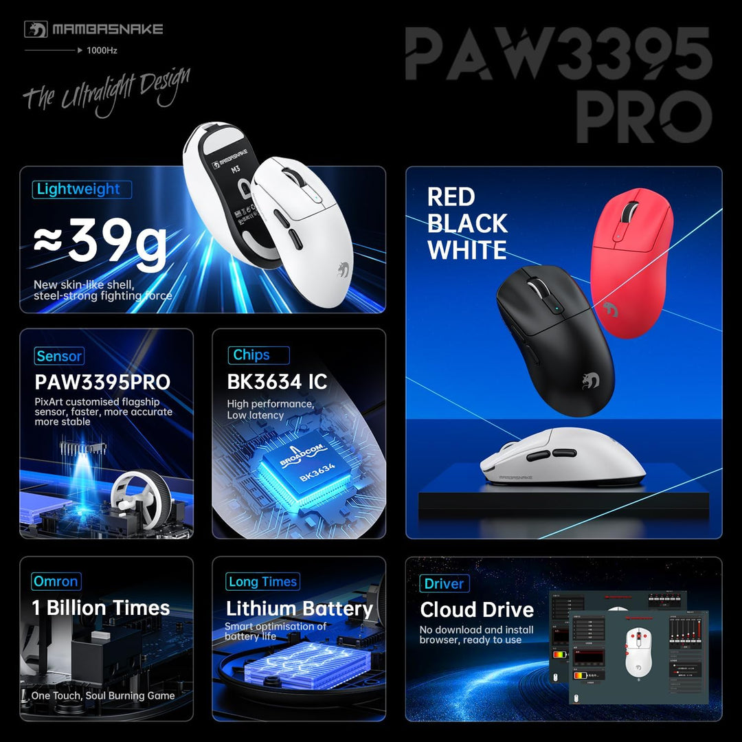 MAMBASNAKE M3 39g SUPERLEICHTE Kabellose Gaming-Maus mit Spiralkabel, PixArt PAW3395PRO-Sensor, Bis