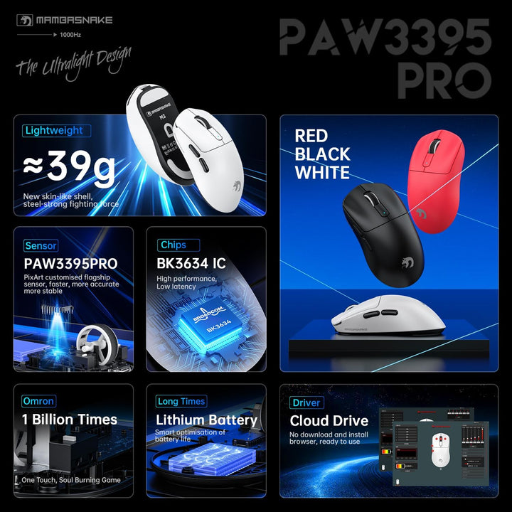 MAMBASNAKE M3 39g SUPERLEICHTE Kabellose Gaming-Maus mit Spiralkabel, PixArt PAW3395PRO-Sensor, Bis