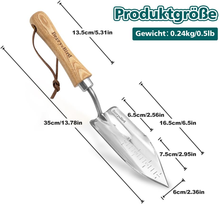 Berry&Bird Topfkelle, Edelstahl Gartenkelle mit Holzgriff, gezahnt, Messskala für müheloses Graben,