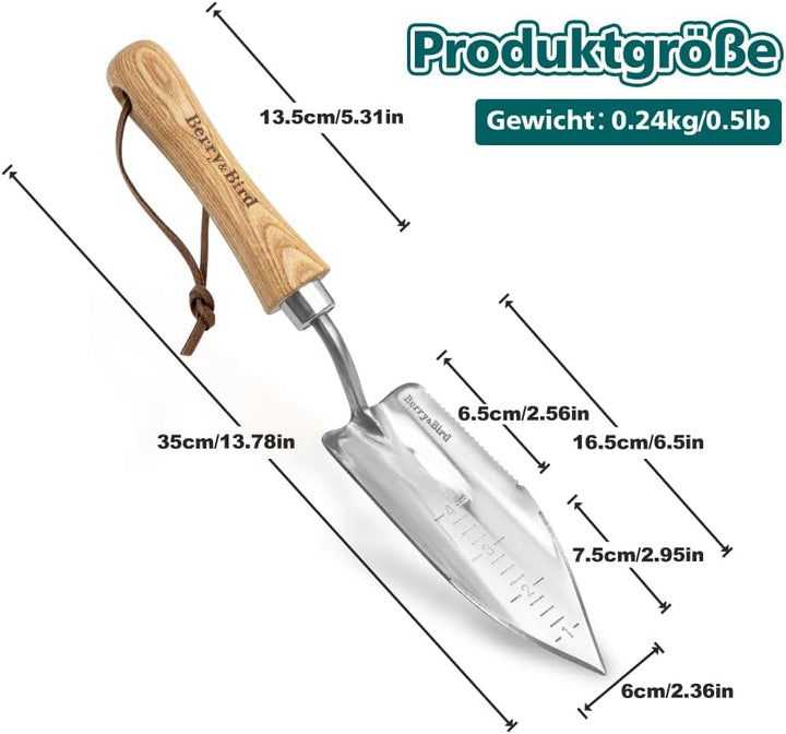 Berry&Bird Topfkelle, Edelstahl Gartenkelle mit Holzgriff, gezahnt, Messskala für müheloses Graben,