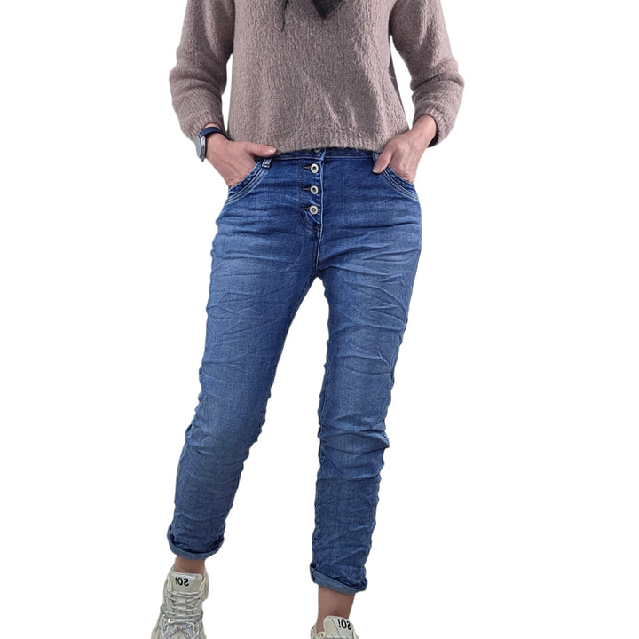 Karostar Damen Boyfriend Stretch Jeans mit offener Knopfleiste L Denim Middle Blue, L Denim Middle B