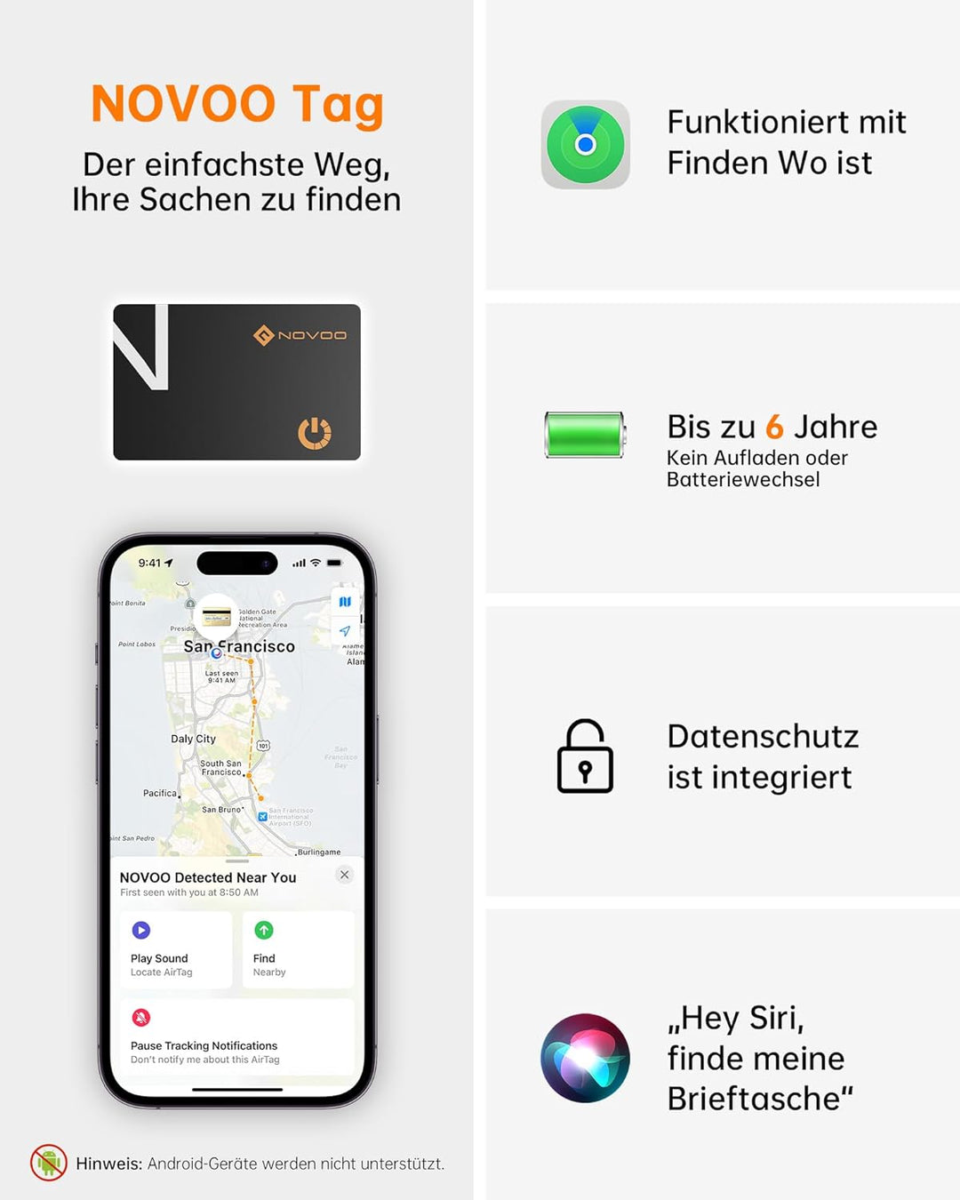 NOVOO Air Tag Karte Wallet Tracker Card Thin 1,6mm Smart Bluetooth Tag 6 Jahre Batterielebensdauer K