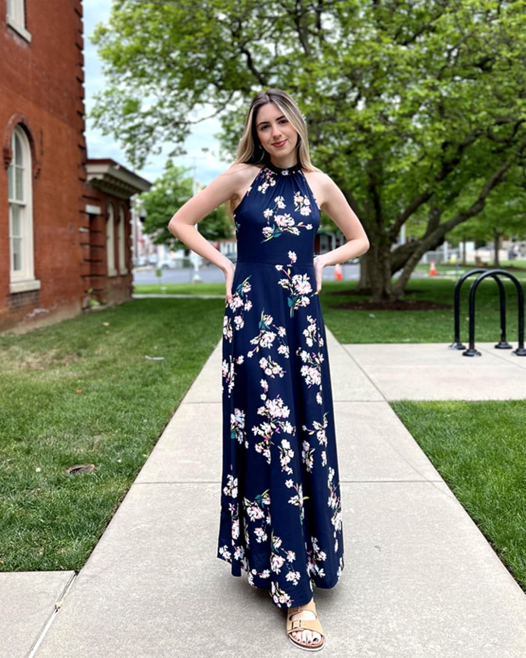 STYLEWORD Damen Neckholder Elegant Sommerkleid Ärmellos Blumenkleid Maxikleid Lange Strandkleid L Fl