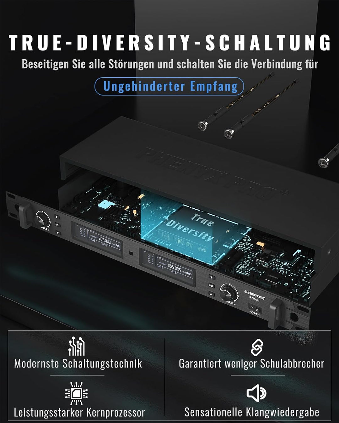 Phenyx Pro Wireless Mikrofon Set, True Diversity Dual Cordless Mikrofone, Profi UHF Handheld, funkmi