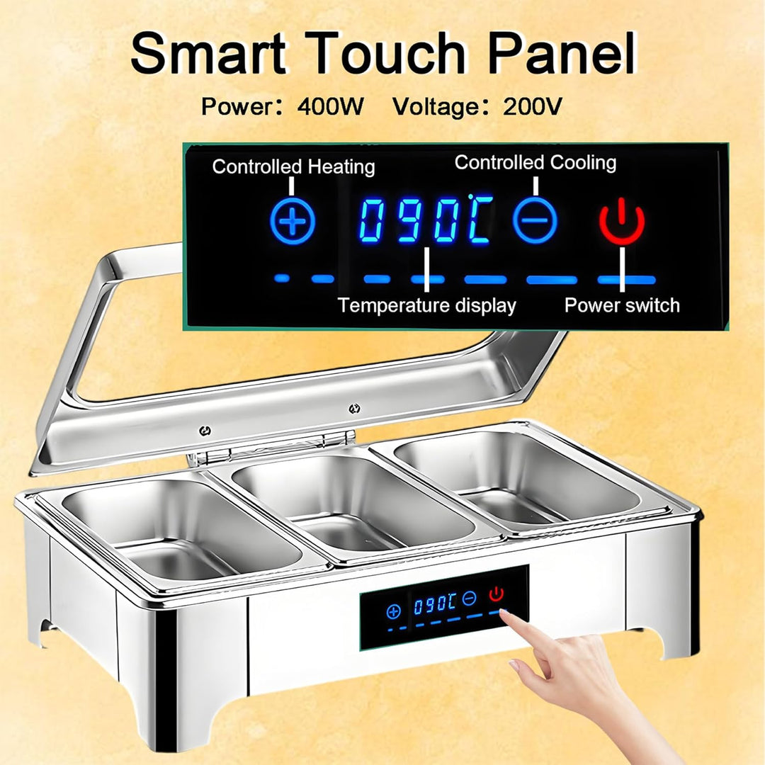 Chafing Dish Elektrisch, 9L Edelstahl Speisewärmer Buffetwärmer mit Touch-Temperaturregelung, Warmha